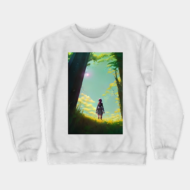 Anime Girl Spring Mysterious Sun Forest Landscape Crewneck Sweatshirt by Trendy-Now